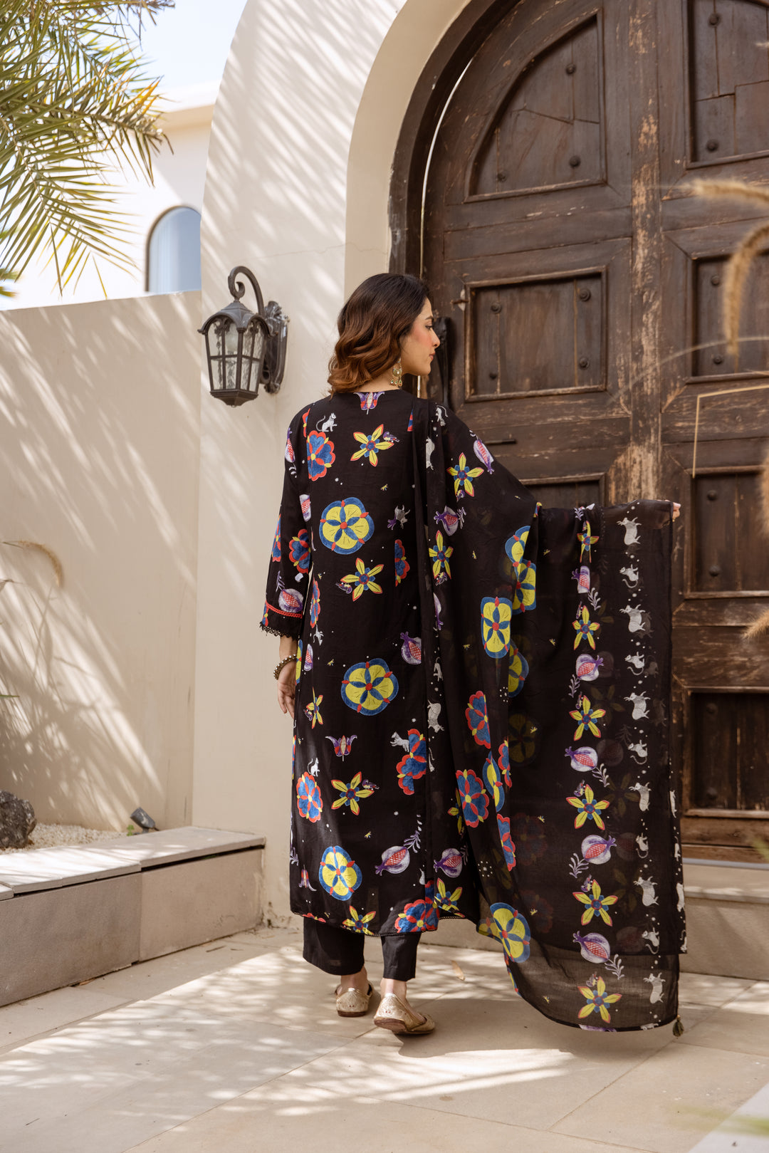 Nehamta Women's Black Cotton 60*60 Kurta With Pant & Dupatta set