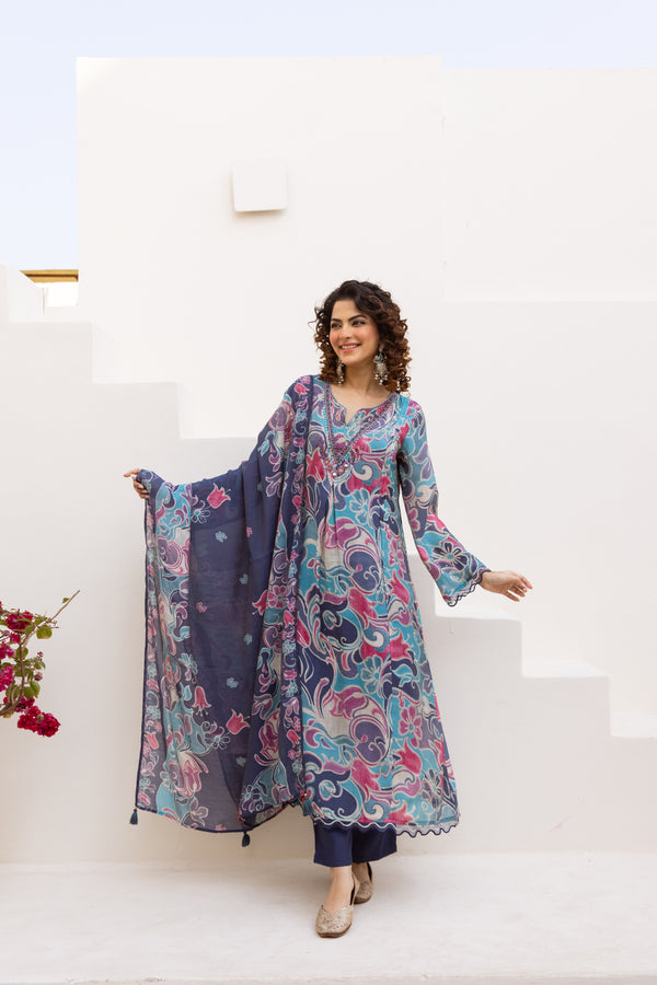 Nehamta Women's Multicolor Mulmul Chanderi Kurta With Pant & Dupatta set