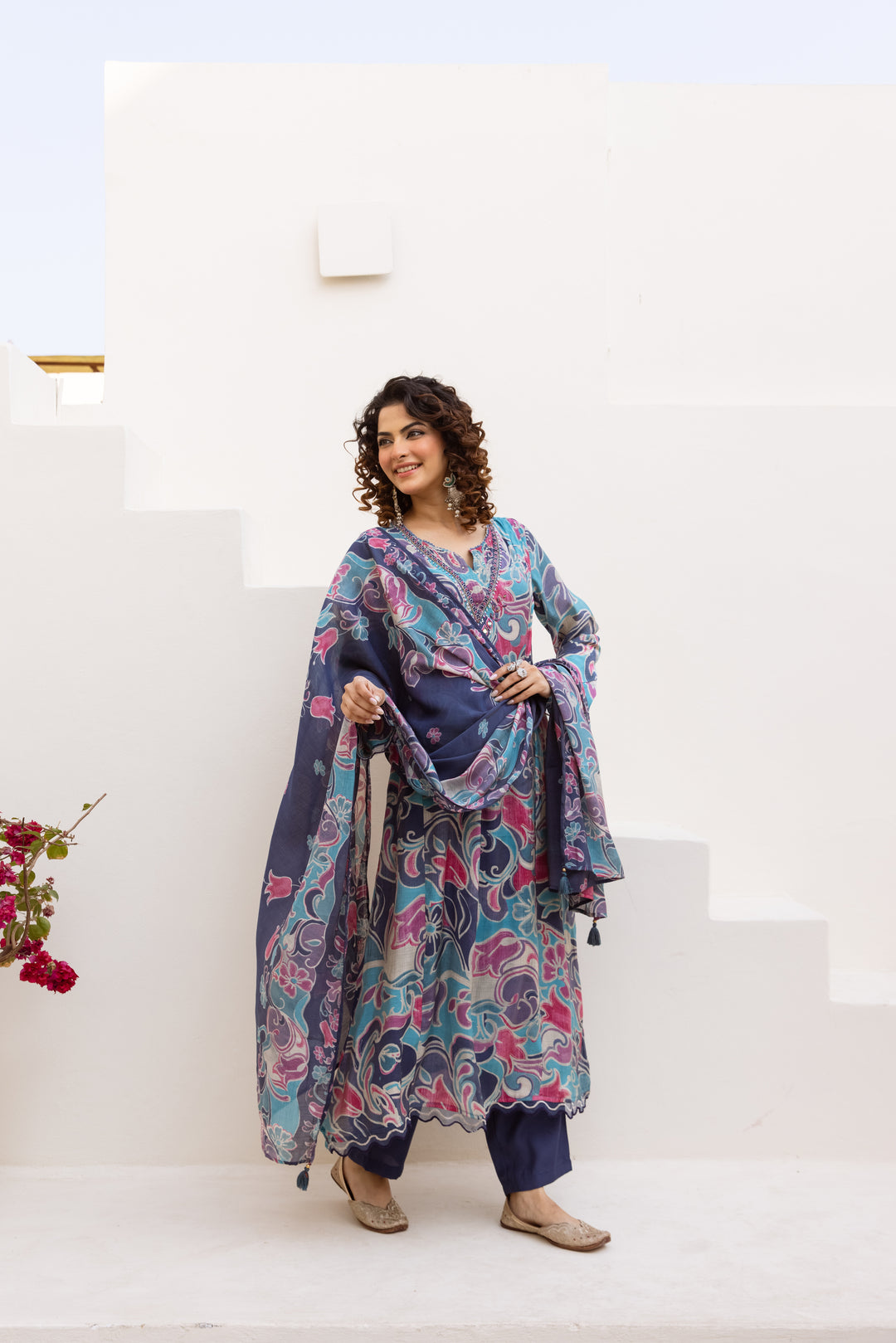 Nehamta Women's Multicolor Mulmul Chanderi Kurta With Pant & Dupatta set
