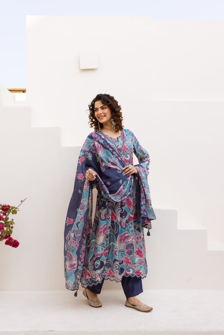 Nehamta Women's Multicolor Mulmul Chanderi Kurta With Pant & Dupatta set