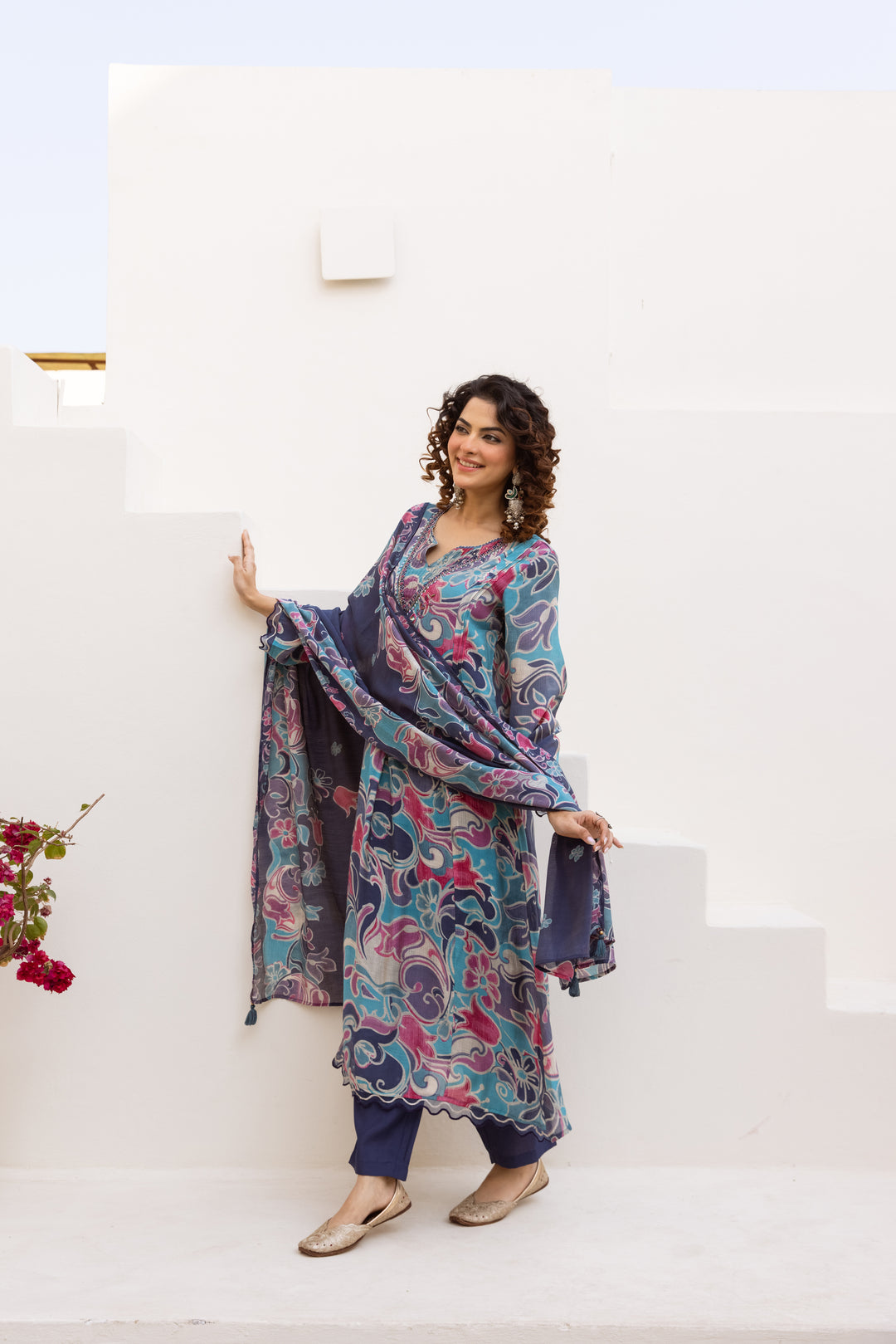Nehamta Women's Multicolor Mulmul Chanderi Kurta With Pant & Dupatta set