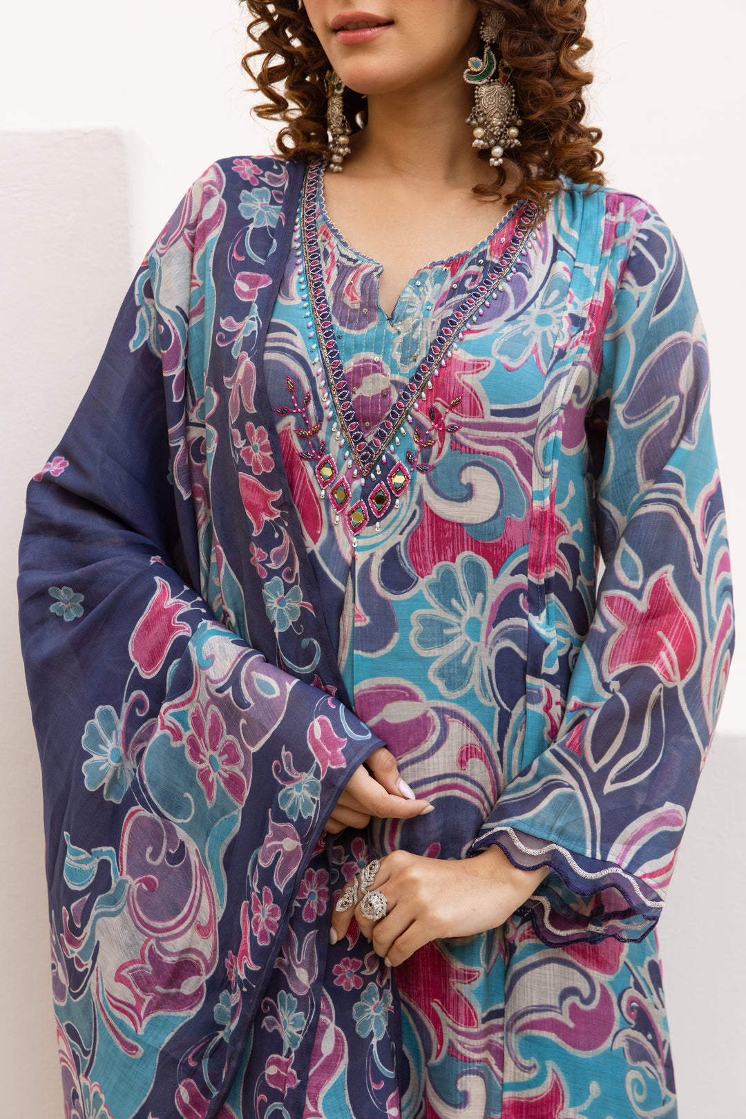 Nehamta Women's Multicolor Mulmul Chanderi Kurta With Pant & Dupatta set