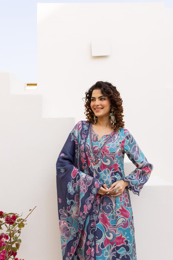 Nehamta Women's Multicolor Mulmul Chanderi Kurta With Pant & Dupatta set