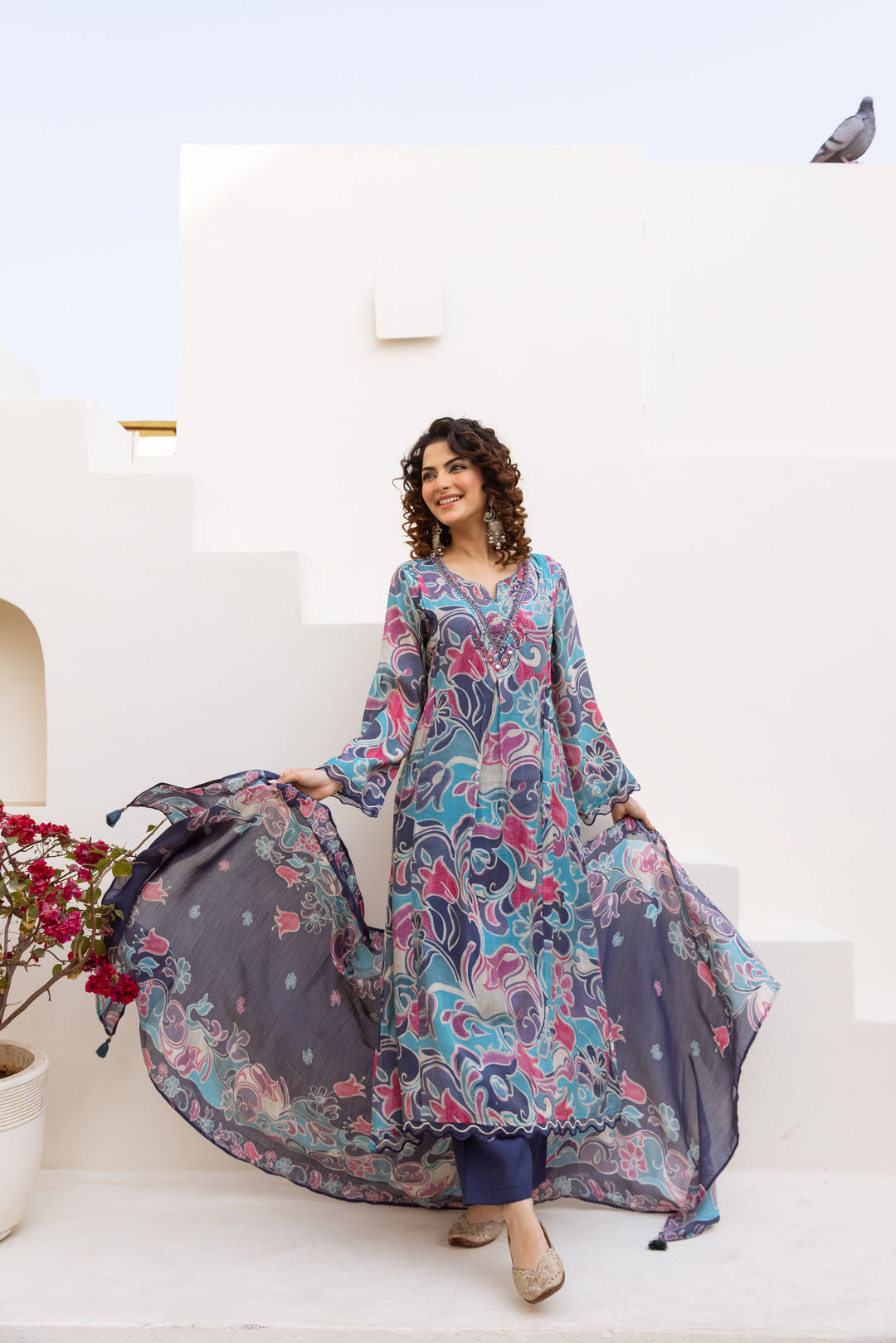 Nehamta Women's Multicolor Mulmul Chanderi Kurta With Pant & Dupatta set