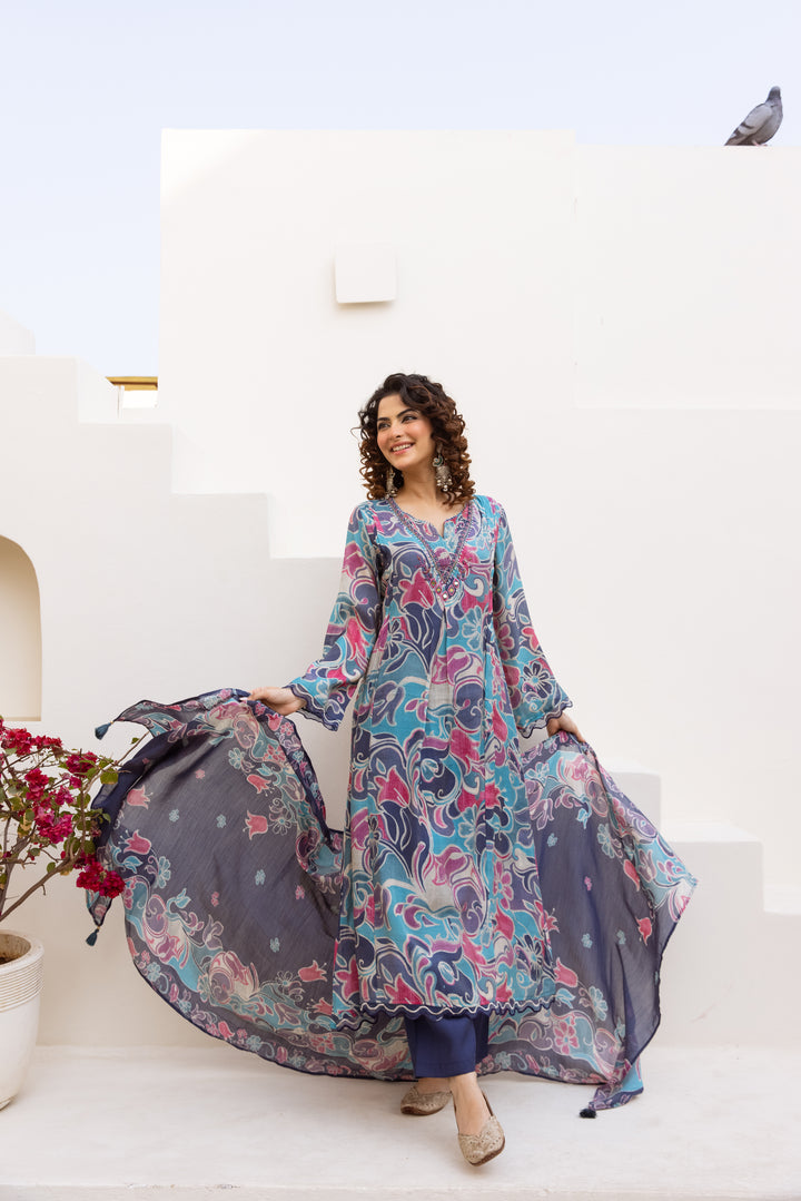 Nehamta Women's Multicolor Mulmul Chanderi Kurta With Pant & Dupatta set