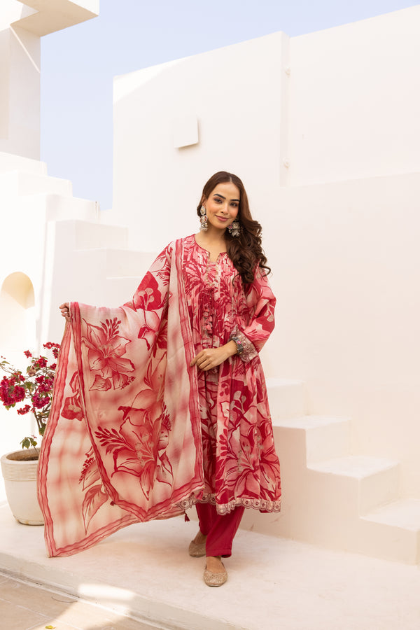 Nehamta Women's Red Mulmul Chanderi Kurta With Pant & Dupatta set