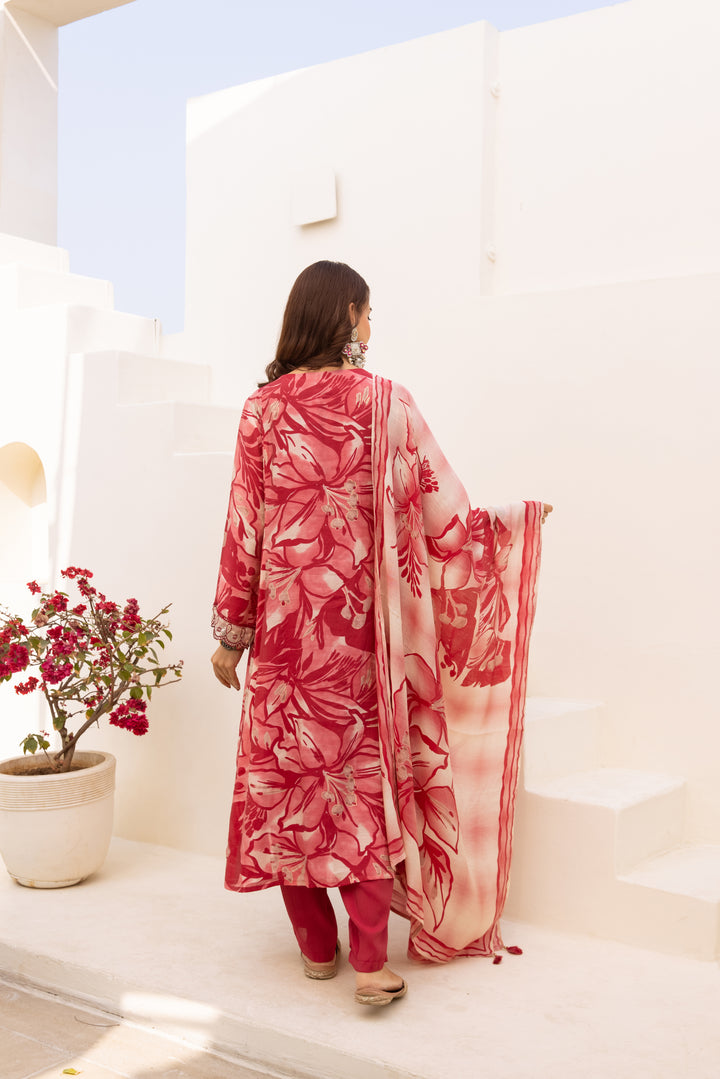 Nehamta Women's Red Mulmul Chanderi Kurta With Pant & Dupatta set
