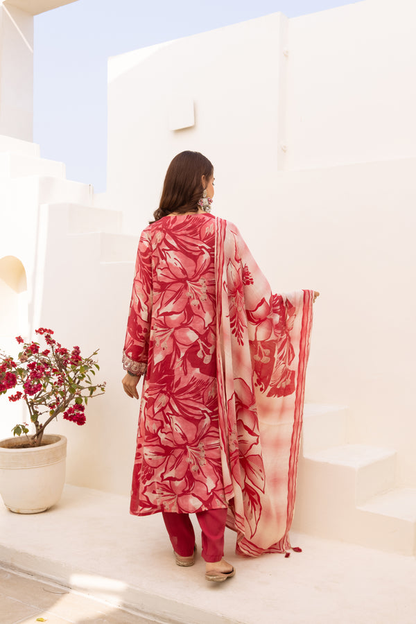 Nehamta Women's Red Mulmul Chanderi Kurta With Pant & Dupatta set