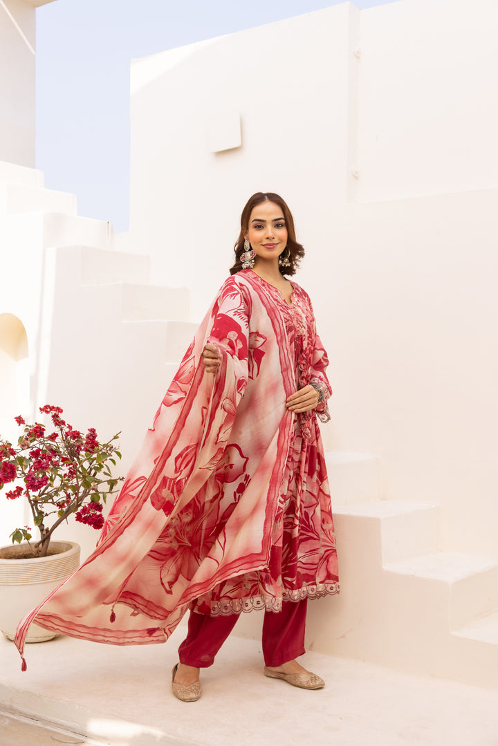 Nehamta Women's Red Mulmul Chanderi Kurta With Pant & Dupatta set