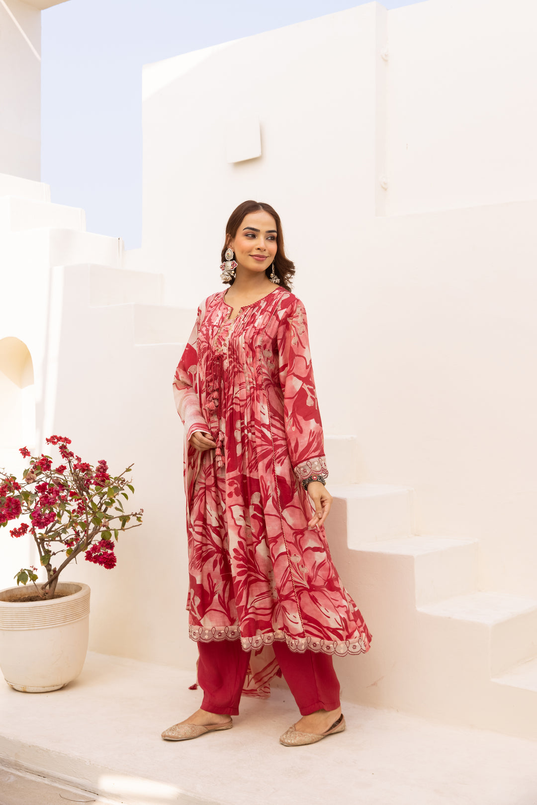 Nehamta Women's Red Mulmul Chanderi Kurta With Pant & Dupatta set