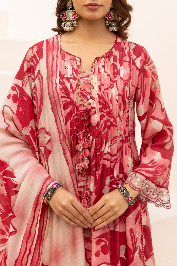 Nehamta Women's Red Mulmul Chanderi Kurta With Pant & Dupatta set