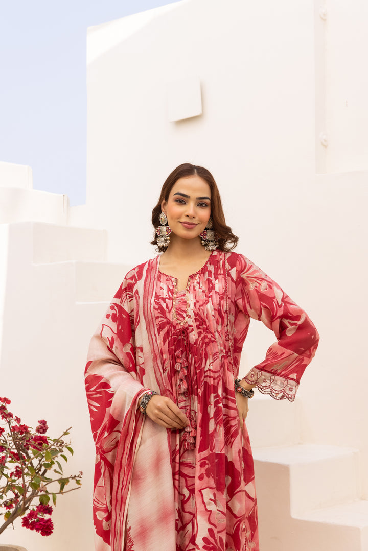 Nehamta Women's Red Mulmul Chanderi Kurta With Pant & Dupatta set