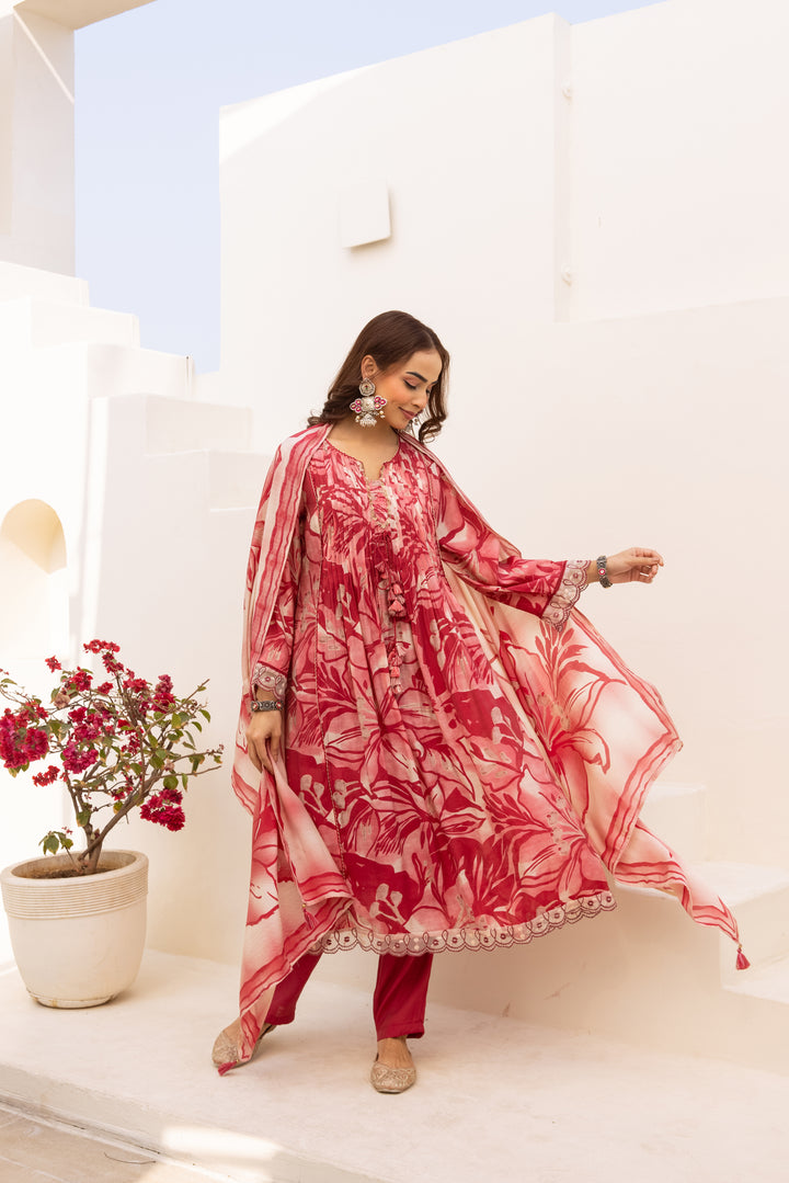 Nehamta Women's Red Mulmul Chanderi Kurta With Pant & Dupatta set