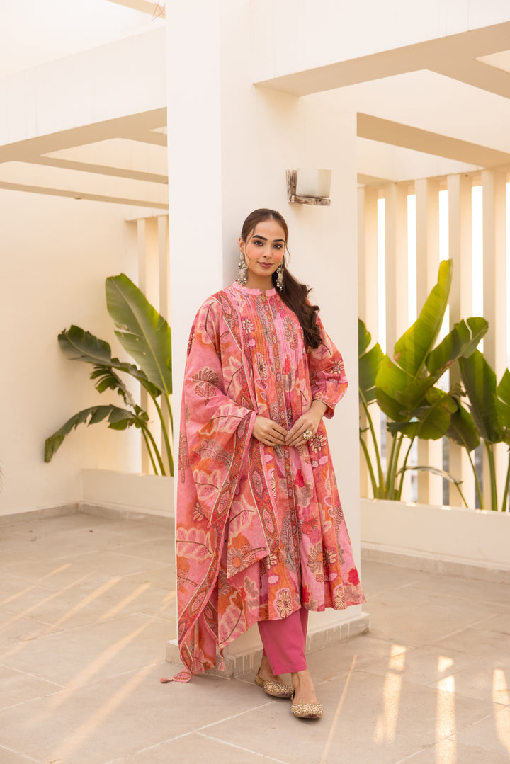 Nehamta Women's Pink Cotton 60*60 Kurta With Pant & Dupatta set