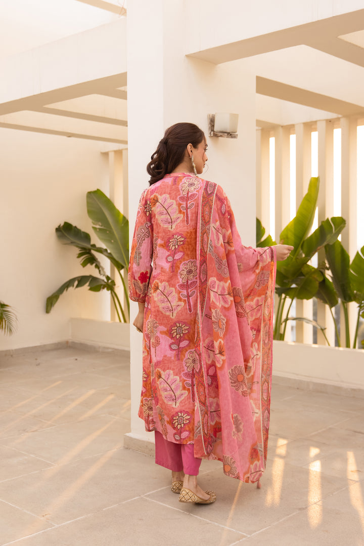 Nehamta Women's Pink Cotton 60*60 Kurta With Pant & Dupatta set