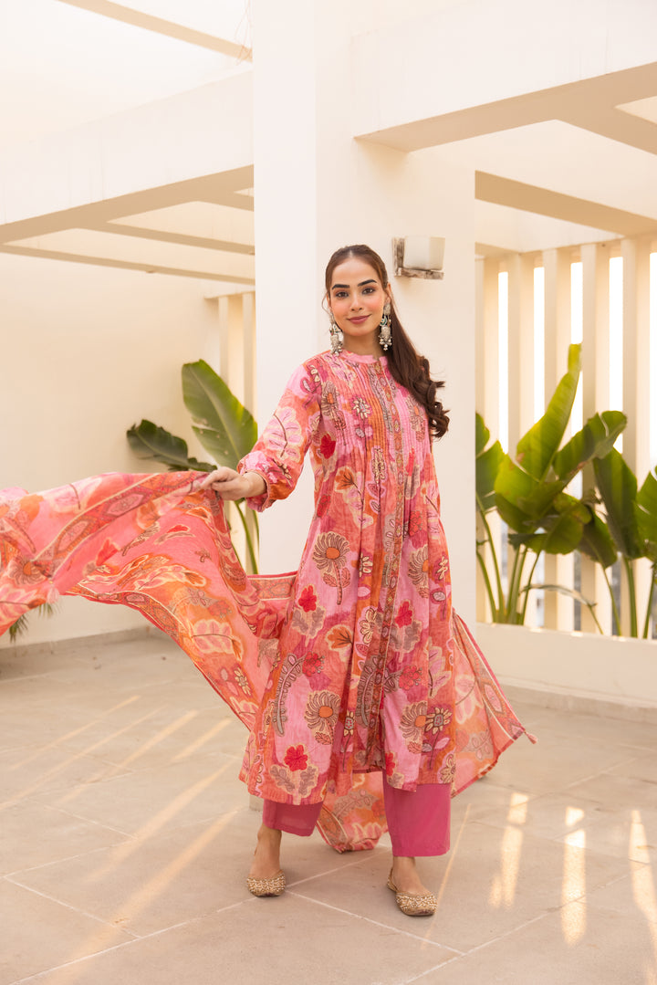 Nehamta Women's Pink Cotton 60*60 Kurta With Pant & Dupatta set