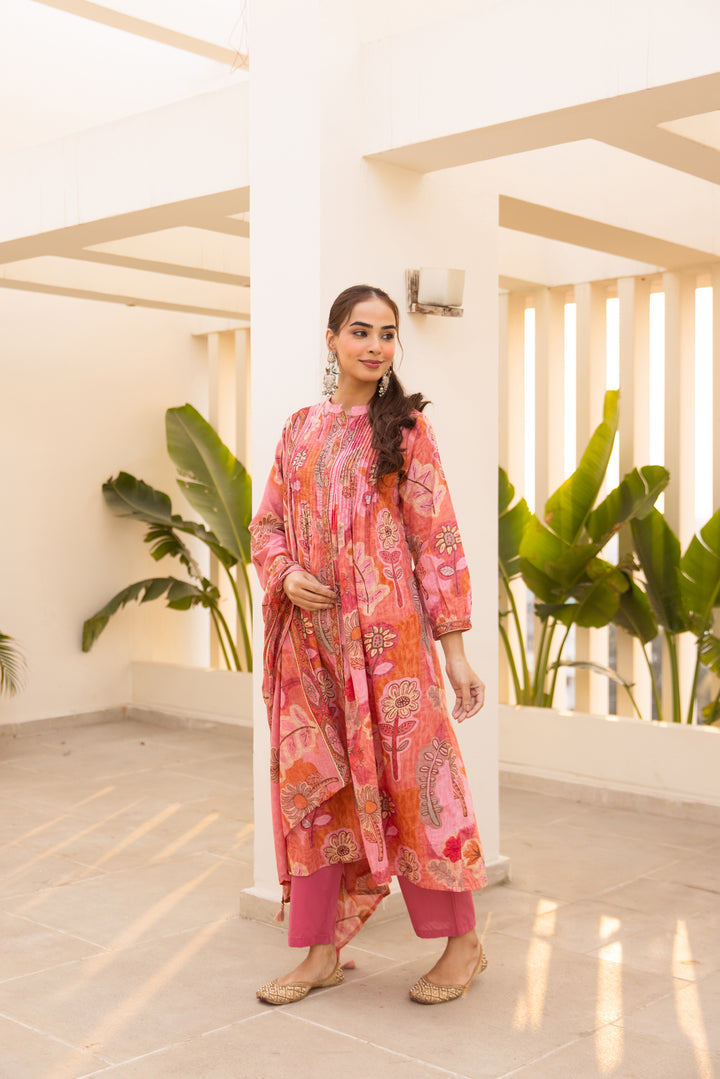 Nehamta Women's Pink Cotton 60*60 Kurta With Pant & Dupatta set