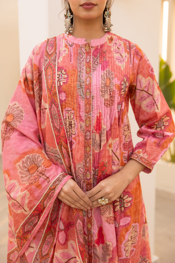 Nehamta Women's Pink Cotton 60*60 Kurta With Pant & Dupatta set