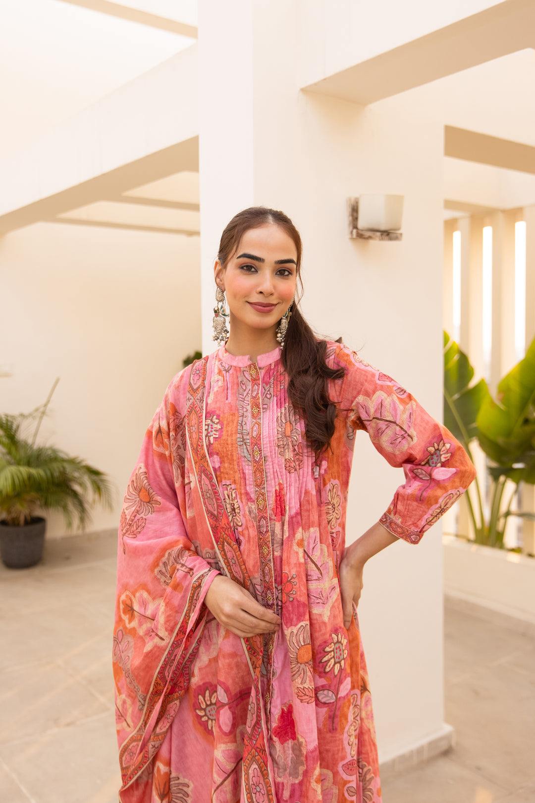 Nehamta Women's Pink Cotton 60*60 Kurta With Pant & Dupatta set