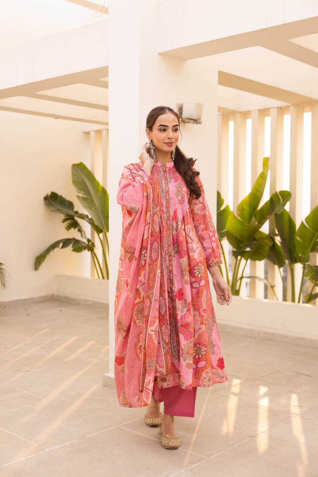 Nehamta Women's Pink Cotton 60*60 Kurta With Pant & Dupatta set