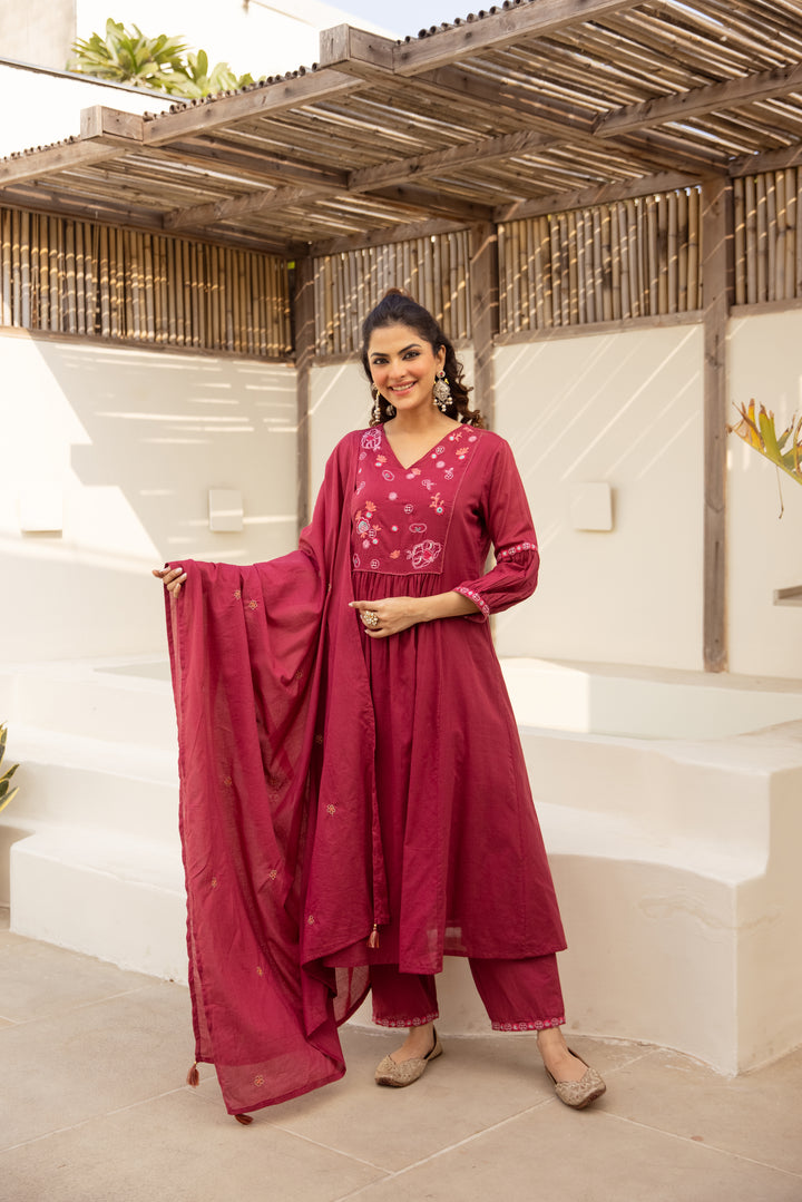 Nehamta Women's Red Mulmul Cotton Kurta With Pant & Dupatta set