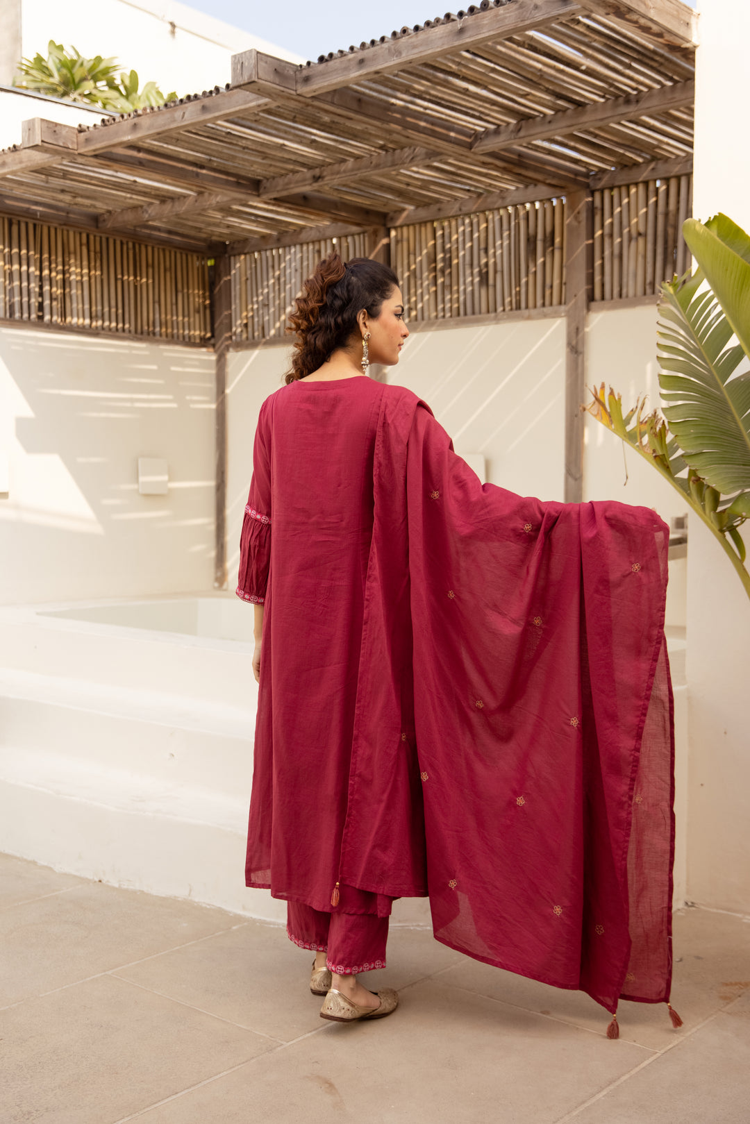 Nehamta Women's Red Mulmul Cotton Kurta With Pant & Dupatta set