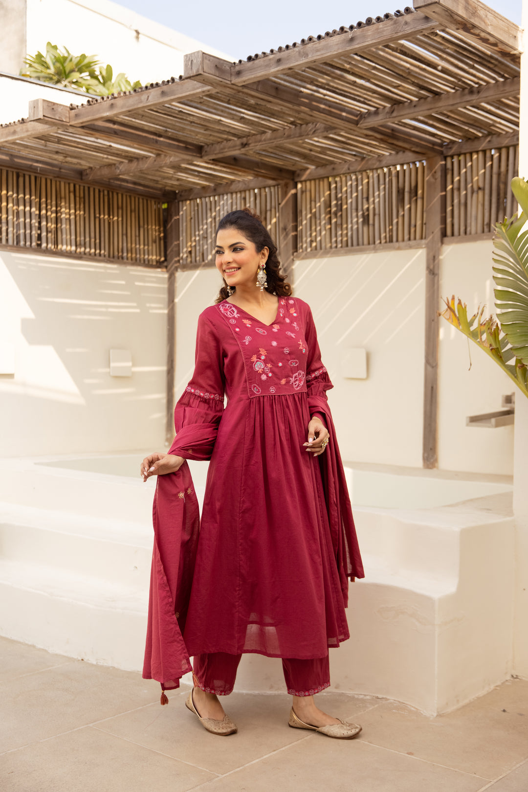 Nehamta Women's Red Mulmul Cotton Kurta With Pant & Dupatta set