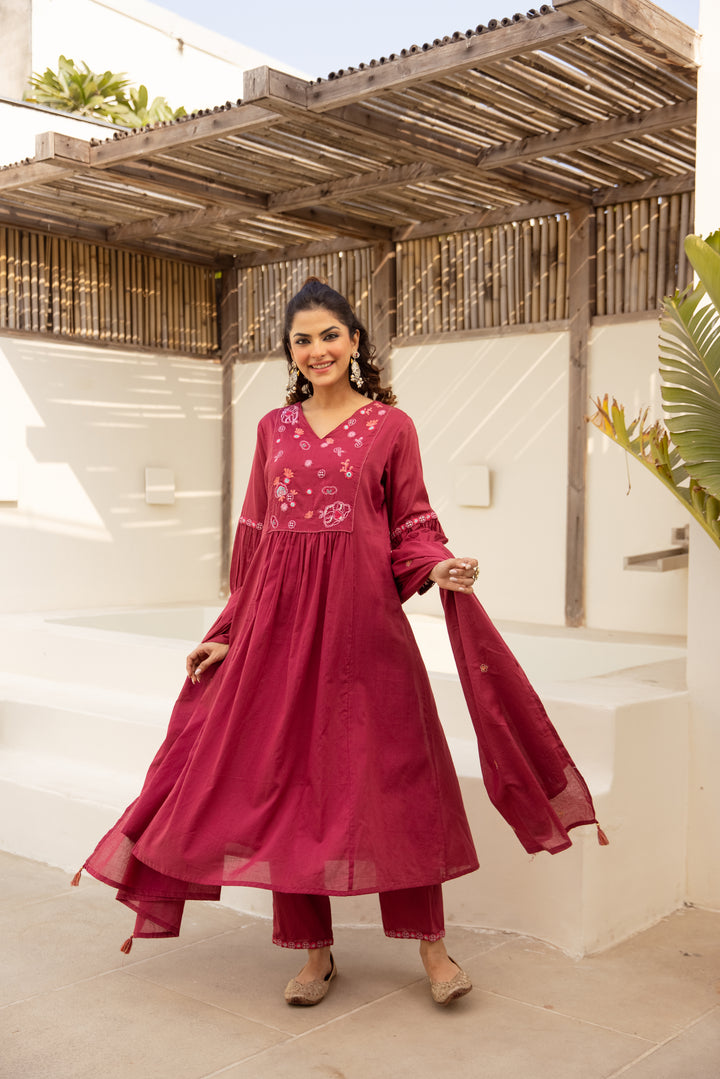Nehamta Women's Red Mulmul Cotton Kurta With Pant & Dupatta set