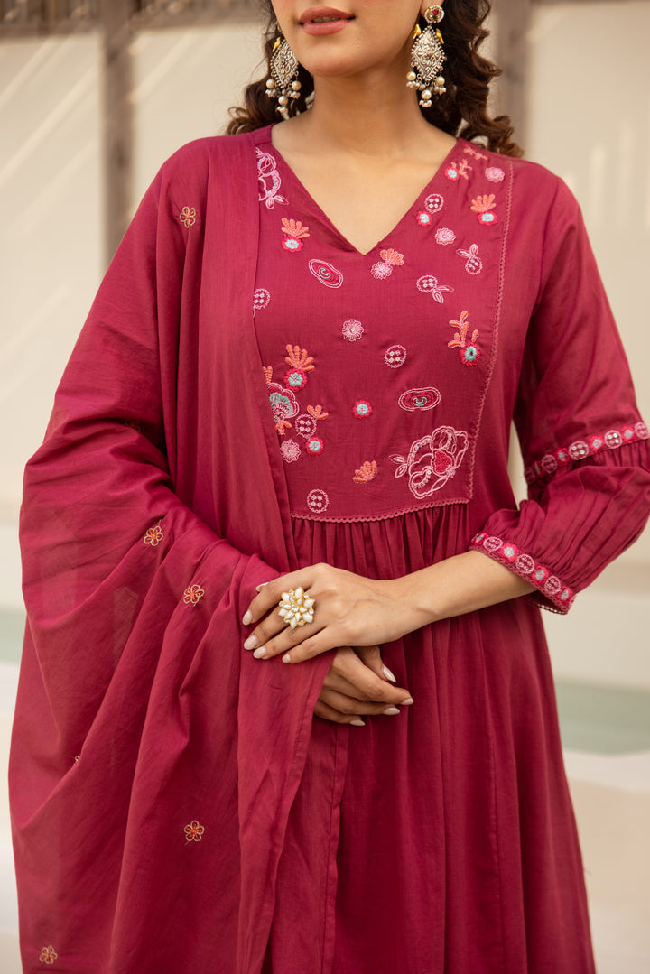 Nehamta Women's Red Mulmul Cotton Kurta With Pant & Dupatta set