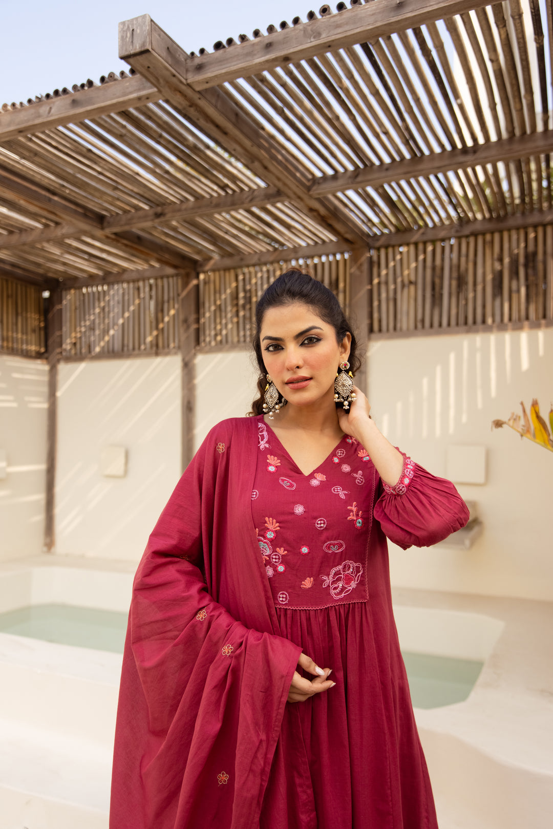 Nehamta Women's Red Mulmul Cotton Kurta With Pant & Dupatta set