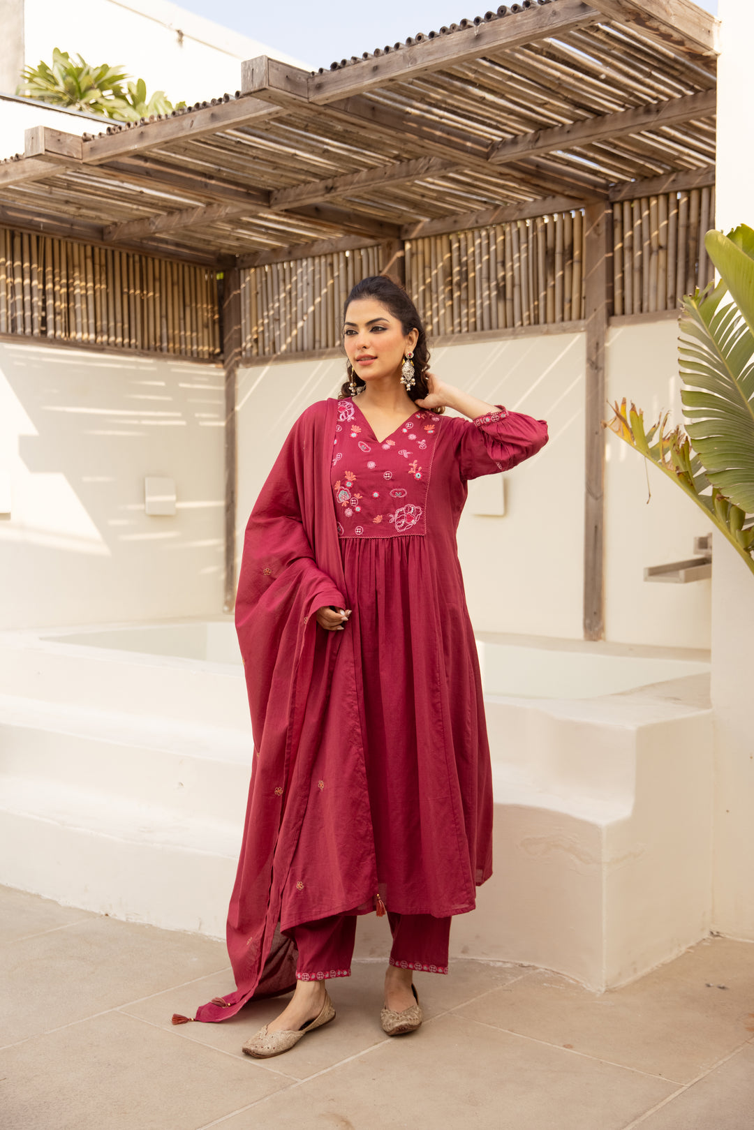 Nehamta Women's Red Mulmul Cotton Kurta With Pant & Dupatta set