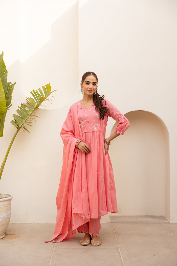 Nehamta Women's Peach Mulmul Cotton Kurta With Pant & Dupatta set