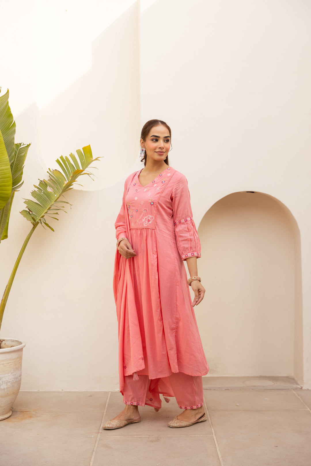 Nehamta Women's Peach Mulmul Cotton Kurta With Pant & Dupatta set