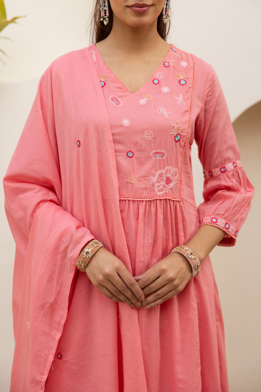 Nehamta Women's Peach Mulmul Cotton Kurta With Pant & Dupatta set