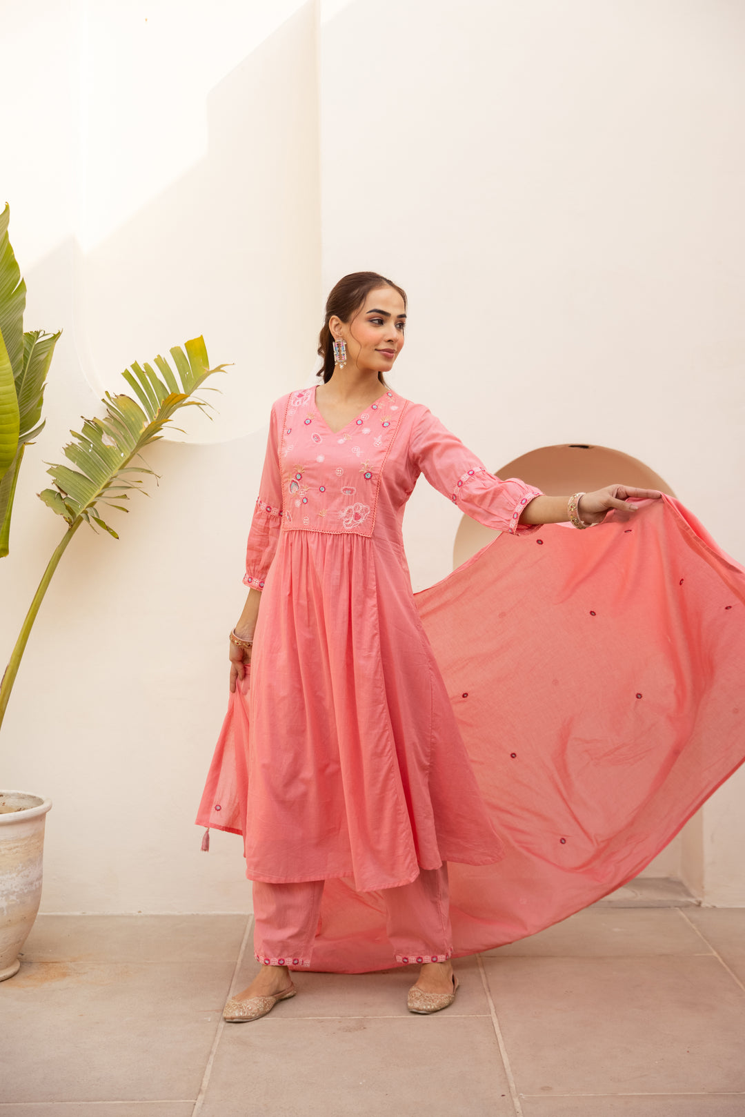 Nehamta Women's Peach Mulmul Cotton Kurta With Pant & Dupatta set