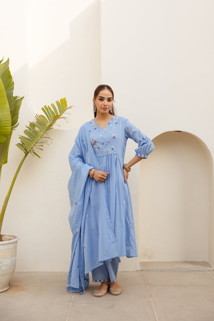 Nehamta Women's Light Blue Mulmul Cotton Kurta With Pant & Dupatta set