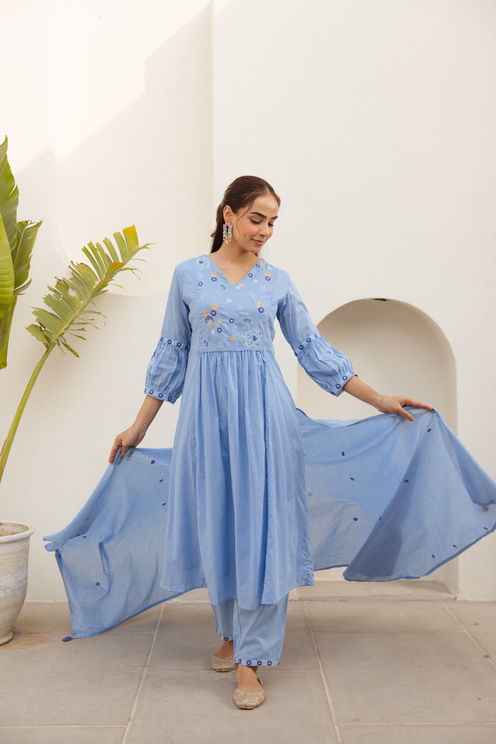 Nehamta Women's Light Blue Mulmul Cotton Kurta With Pant & Dupatta set
