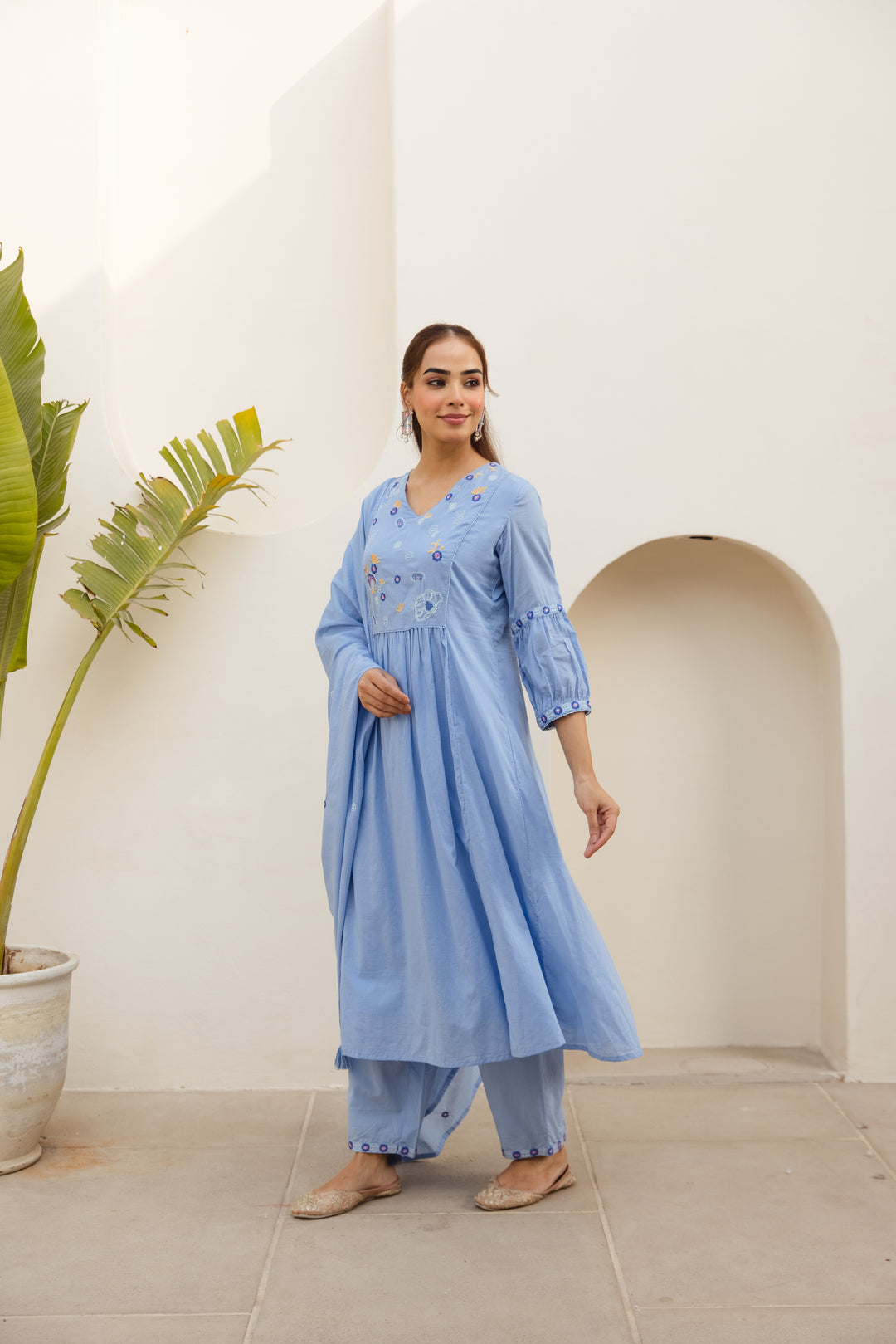 Nehamta Women's Light Blue Mulmul Cotton Kurta With Pant & Dupatta set