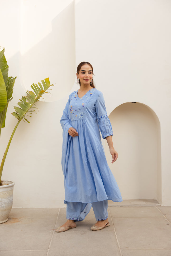 Nehamta Women's Light Blue Mulmul Cotton Kurta With Pant & Dupatta set