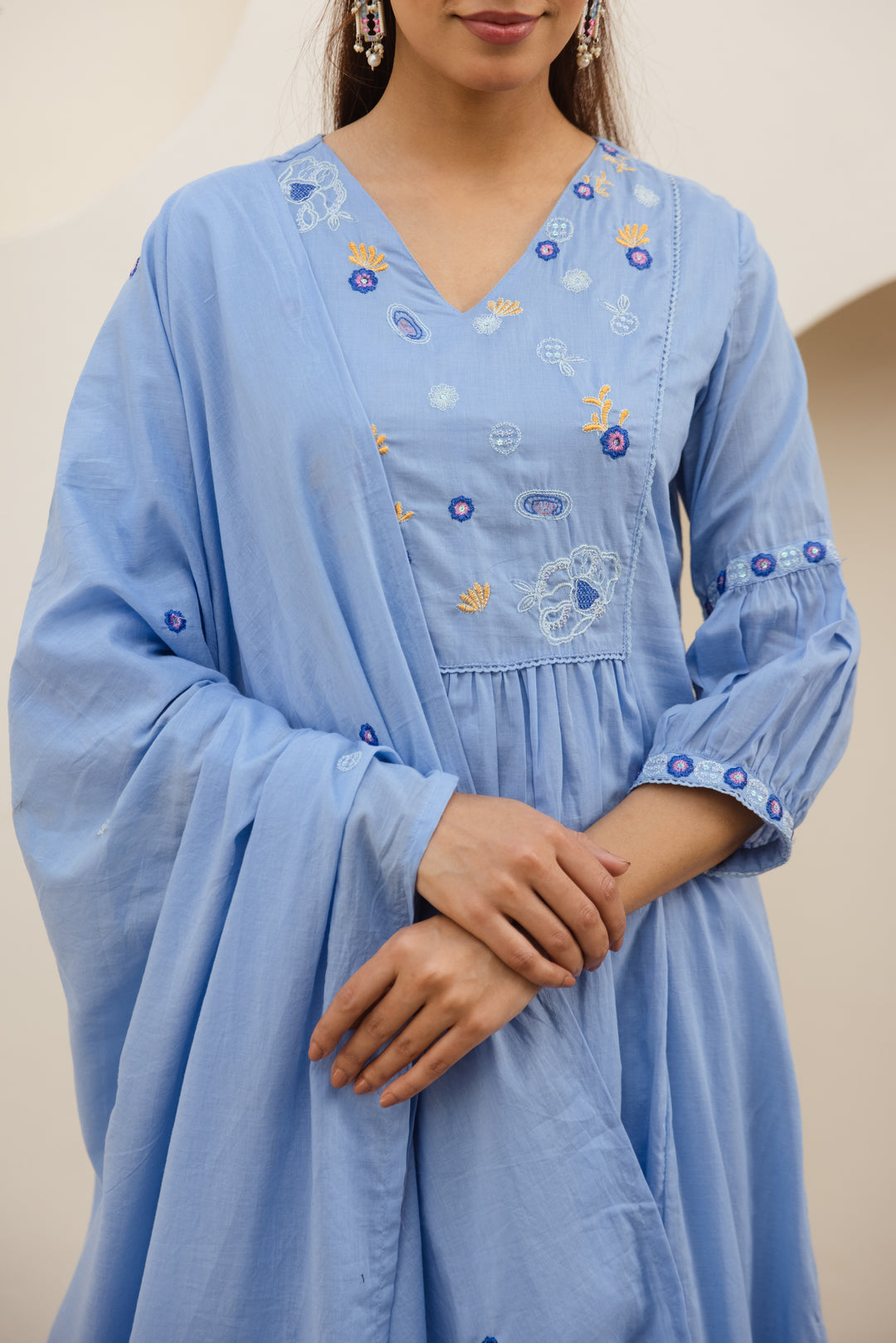 Nehamta Women's Light Blue Mulmul Cotton Kurta With Pant & Dupatta set