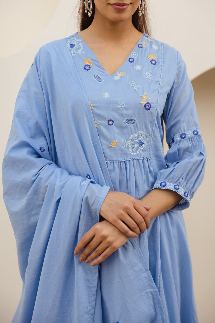 Nehamta Women's Light Blue Mulmul Cotton Kurta With Pant & Dupatta set