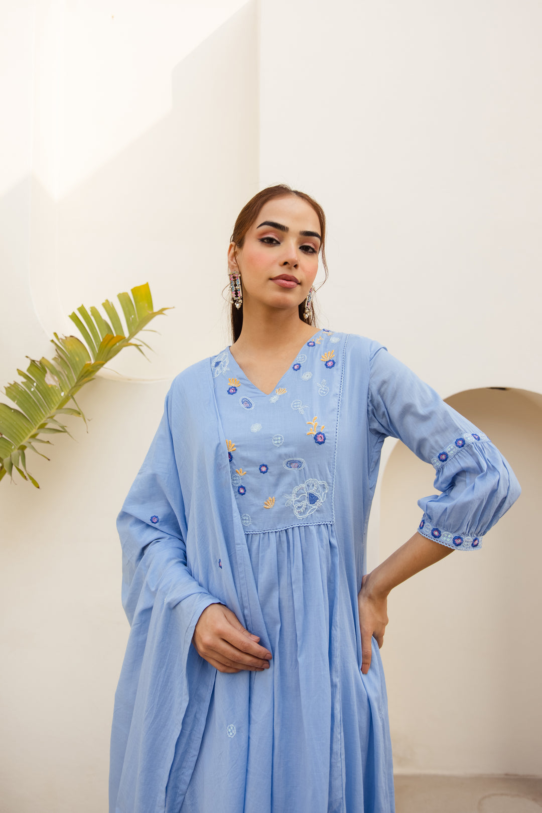 Nehamta Women's Light Blue Mulmul Cotton Kurta With Pant & Dupatta set