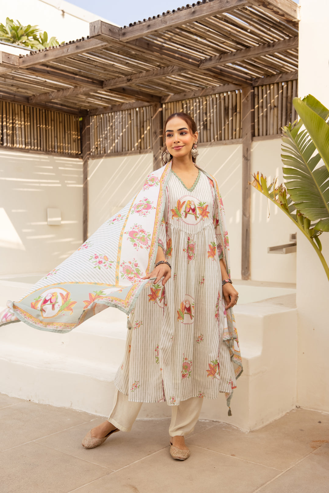 Nehamta Women's Off White Muslin Kurta With Pant & Dupatta set