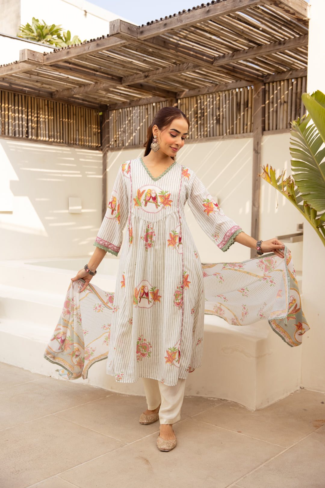 Nehamta Women's Off White Muslin Kurta With Pant & Dupatta set