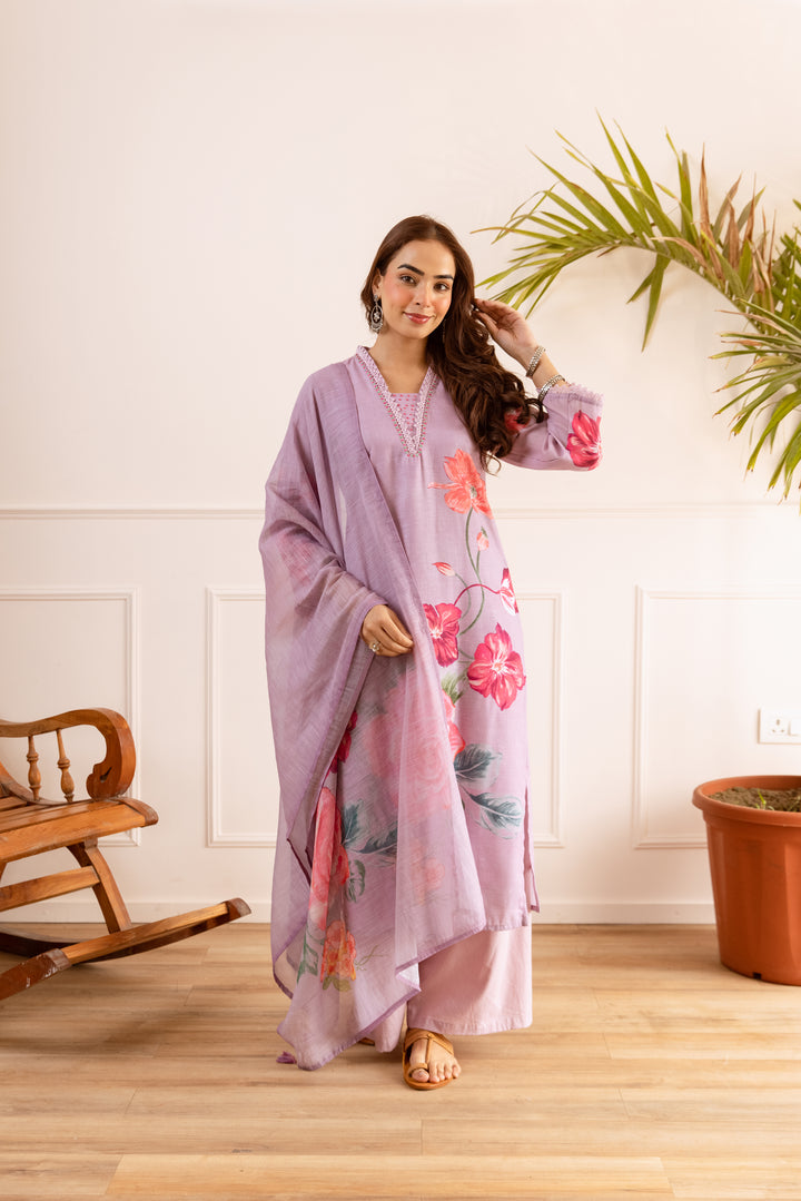 Nehamta Women's Lavender Natural Linen Kurta With Palazzo & Dupatta set