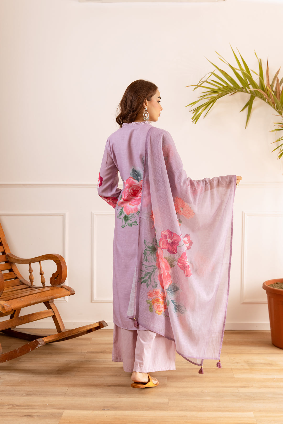 Nehamta Women's Lavender Natural Linen Kurta With Palazzo & Dupatta set