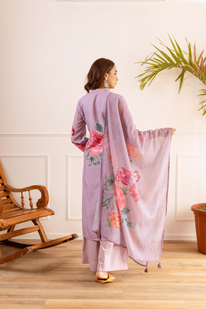 Nehamta Women's Lavender Natural Linen Kurta With Palazzo & Dupatta set