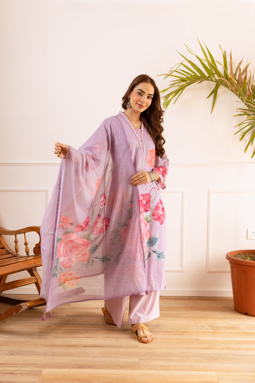 Nehamta Women's Lavender Natural Linen Kurta With Palazzo & Dupatta set
