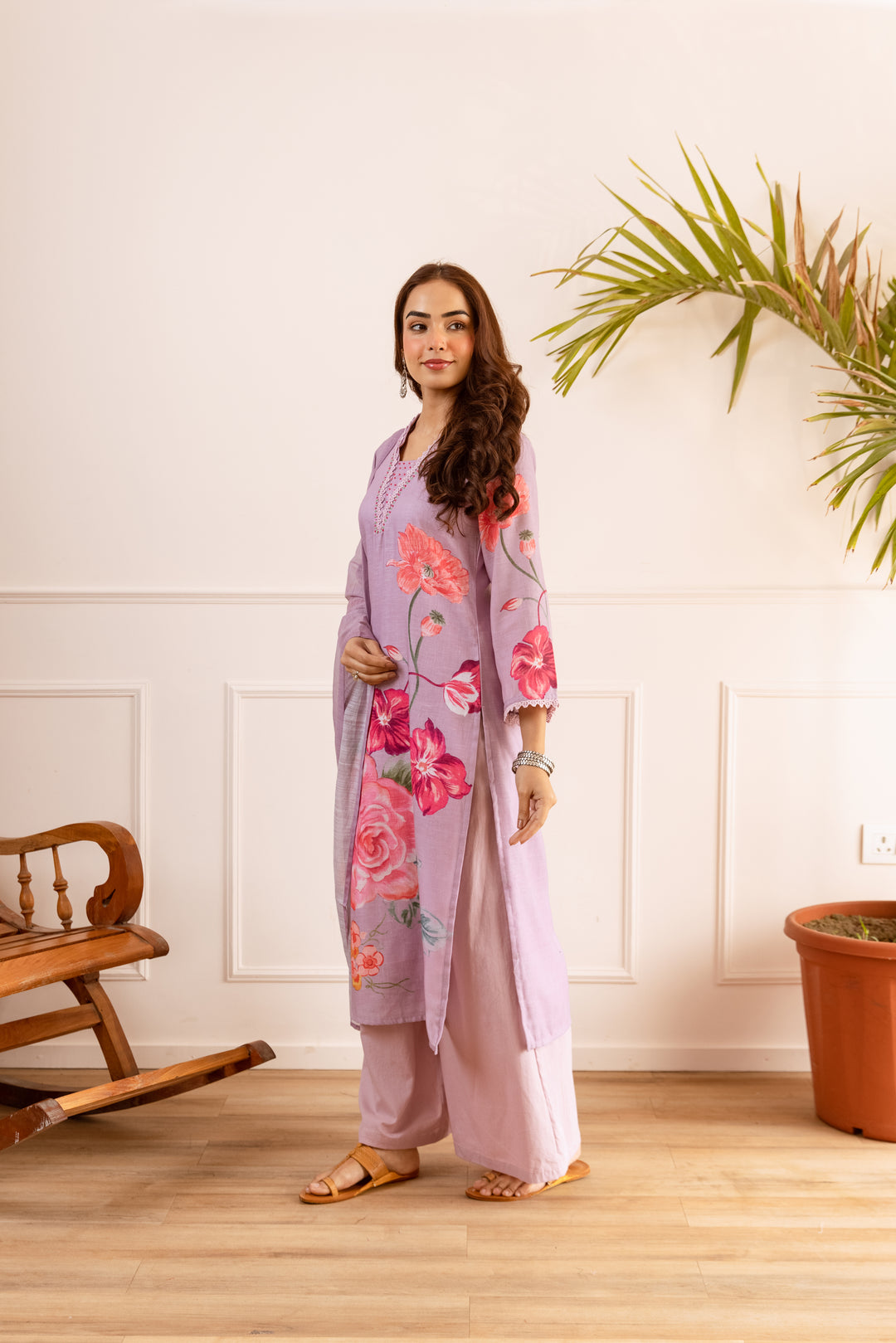 Nehamta Women's Lavender Natural Linen Kurta With Palazzo & Dupatta set