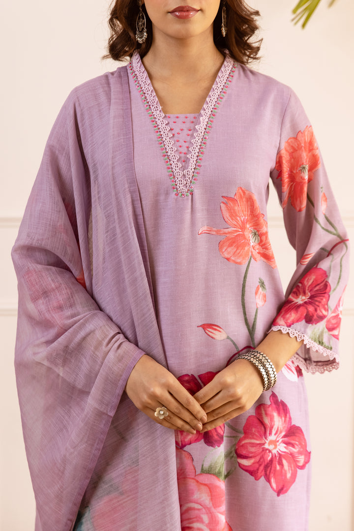 Nehamta Women's Lavender Natural Linen Kurta With Palazzo & Dupatta set